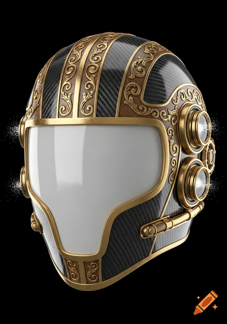 A detailed steampunk helmet with carbon fiber plating, ornate brass engravings, a smooth white visor, and glowing particle effects from side ports.