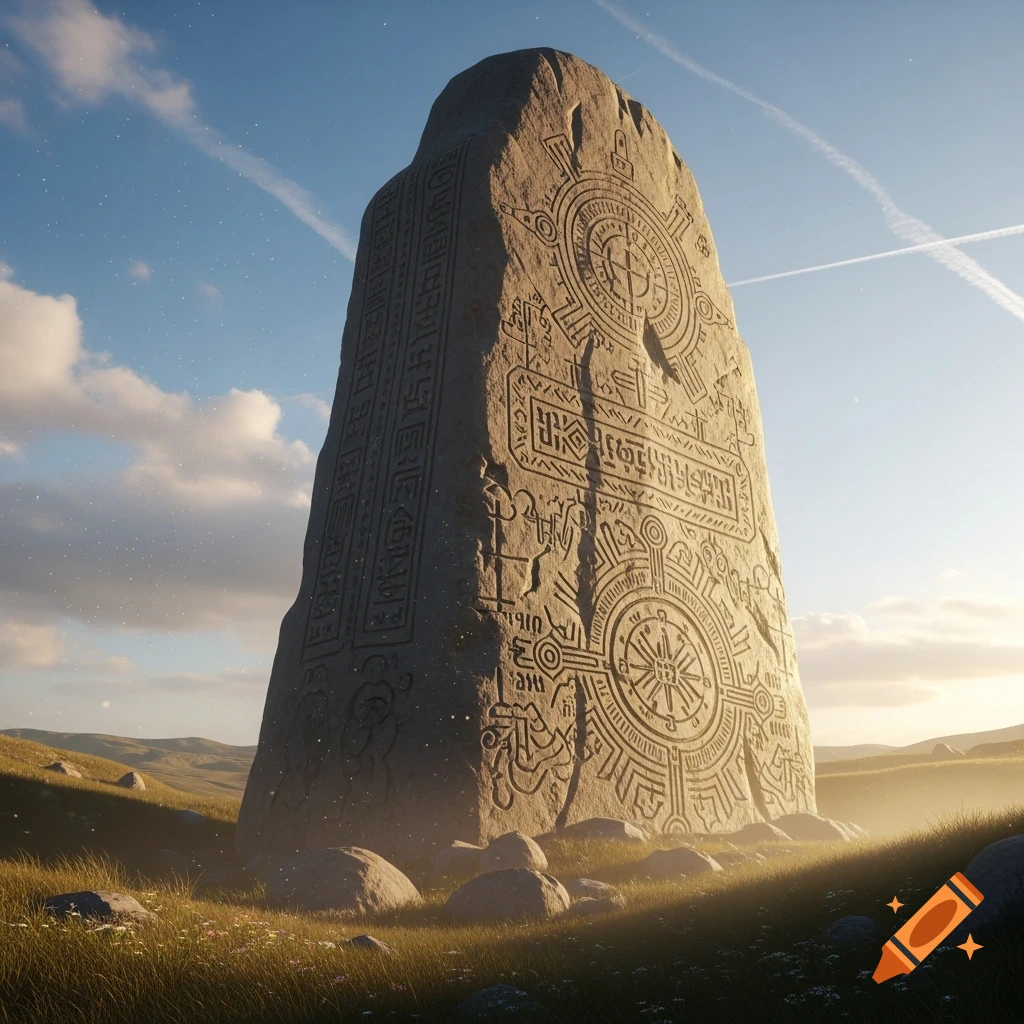 A giant, intricately carved stone monument stands in a grassy field under a partly cloudy sky with contrails at sunset.