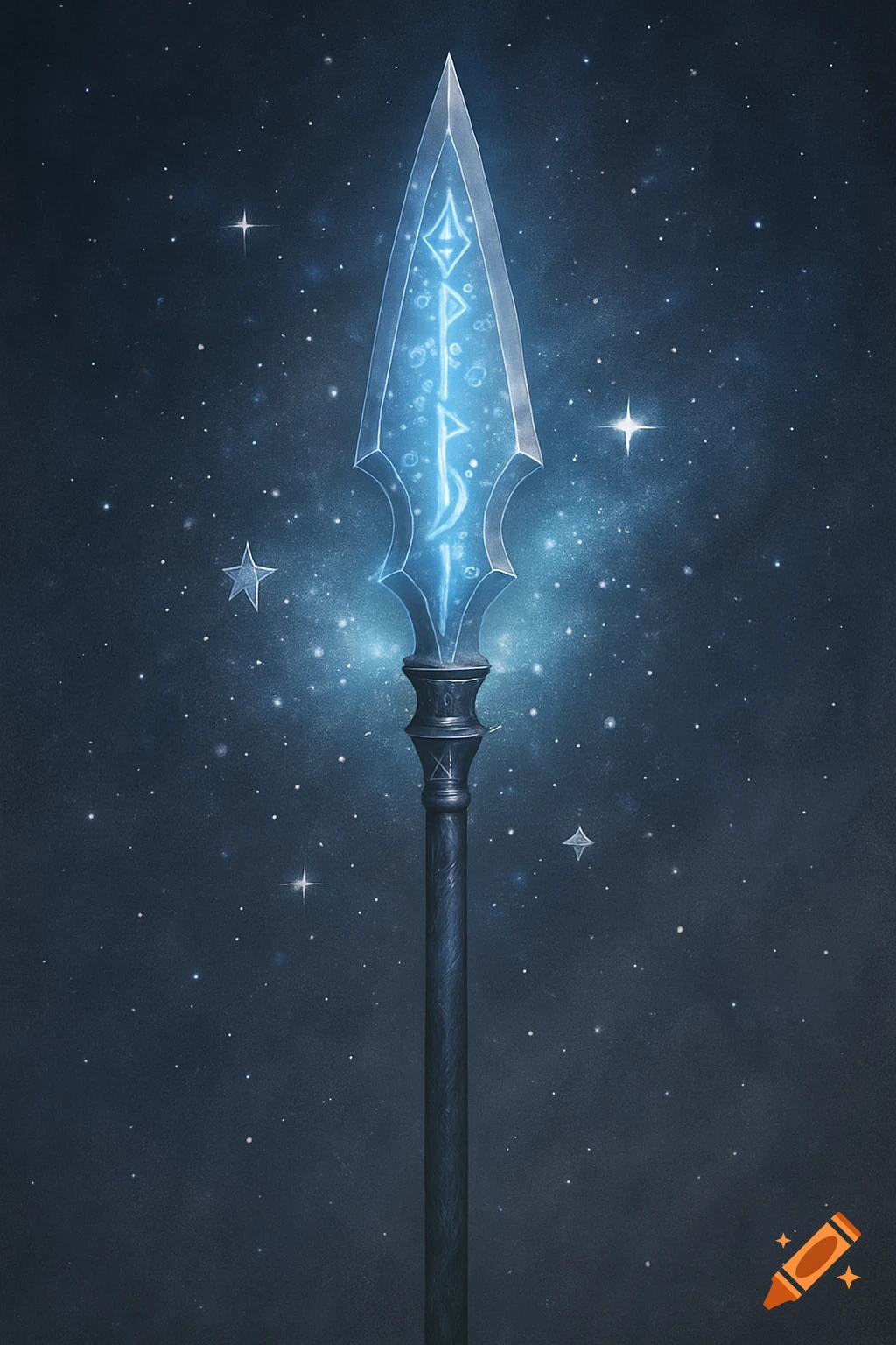 A glowing, ornate spear with etched symbols on its blade against a backdrop of distant stars and cosmic dust.