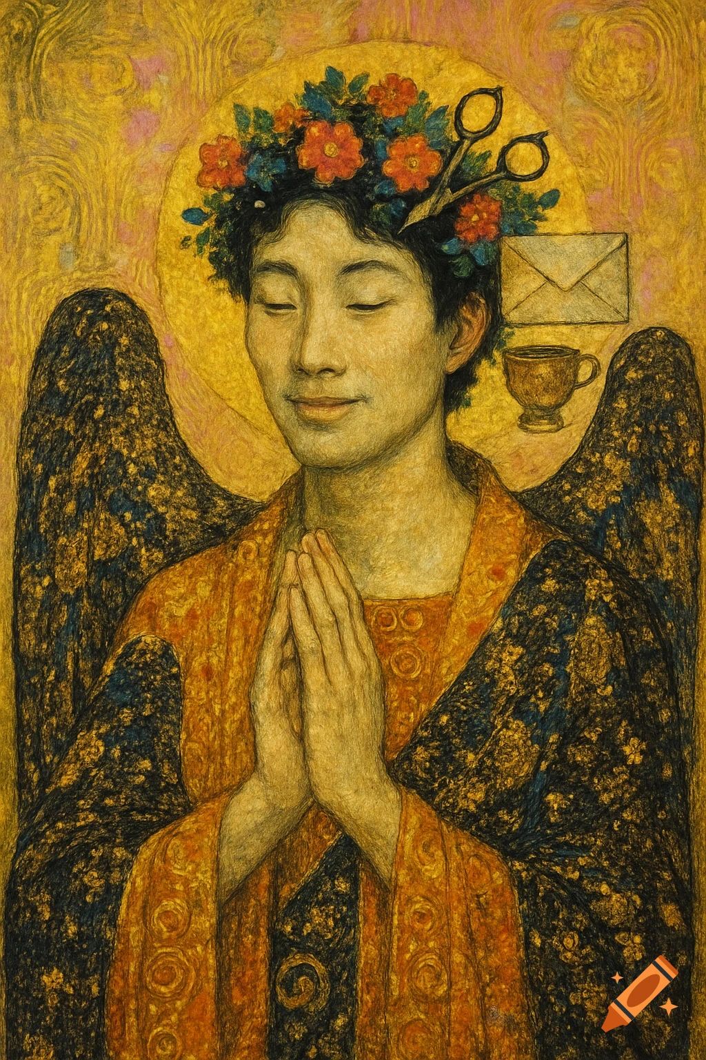 Textured portrait of an Asian male angel with closed eyes, praying hands, flower crown, scissors, envelope, and cup, in a golden, Klimt-like style.