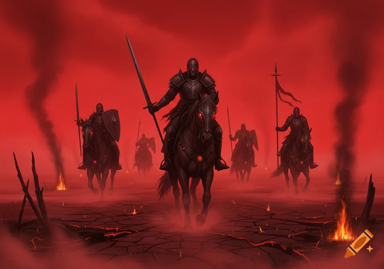 Armored knights on horseback with glowing red eyes ride through a smoky, fiery, red apocalyptic landscape with cracked earth.