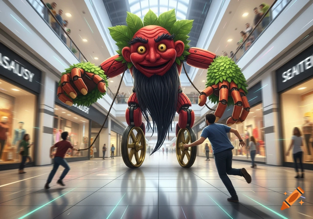 Two men pull a giant, red-faced puppet with a black beard, leafy hands, and wheels through a brightly lit shopping mall.