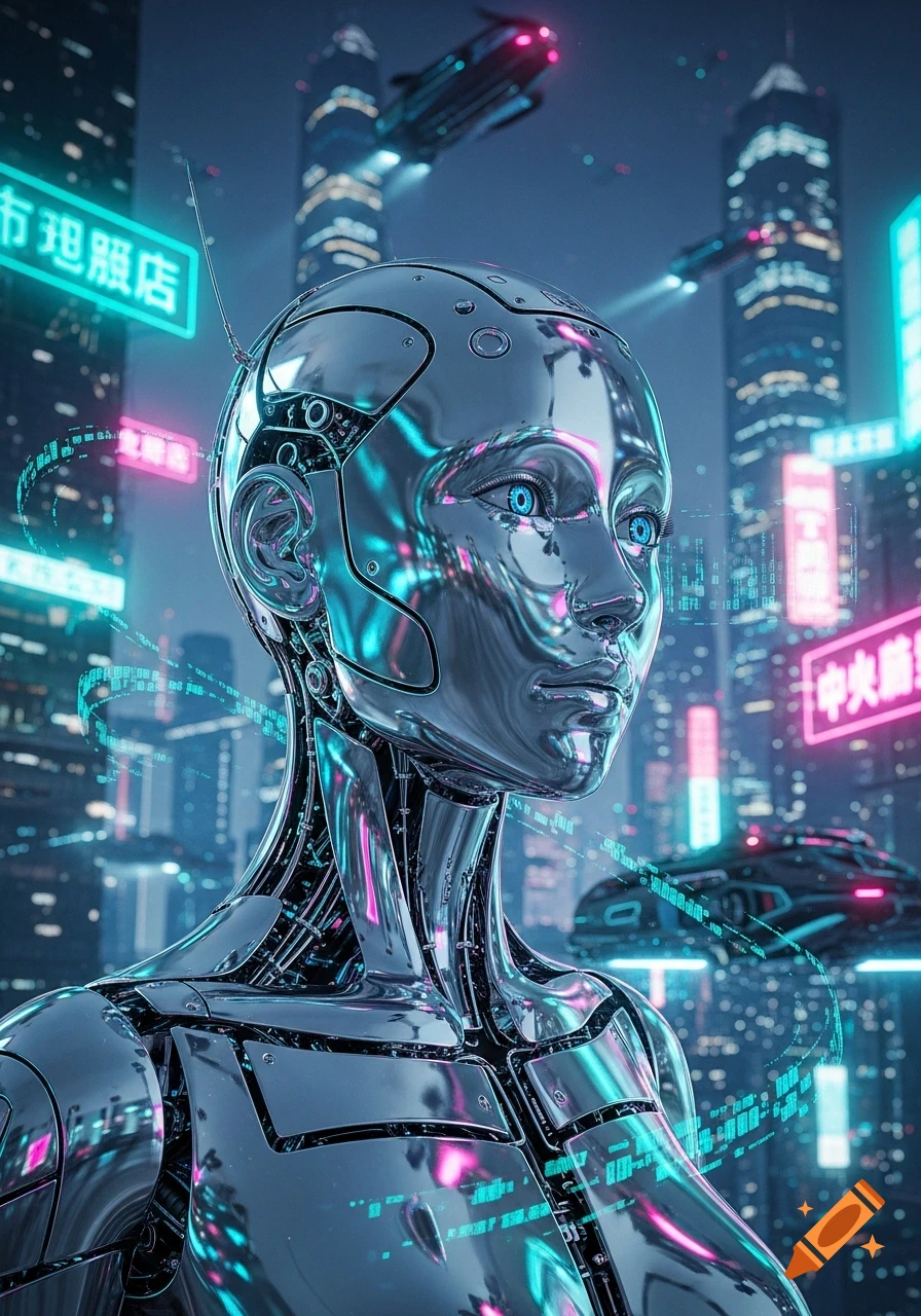A close-up of a chrome robot woman with blue eyes against a backdrop of a futuristic city with neon lights and flying vehicles.
