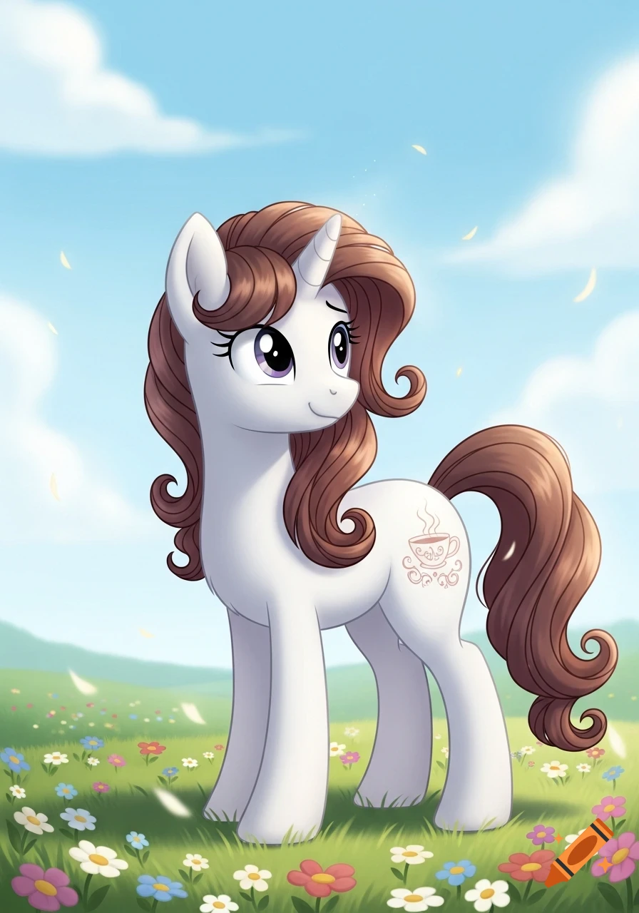 A white My Little Pony unicorn with brown curly hair and a teacup cutie mark stands in a flower field.