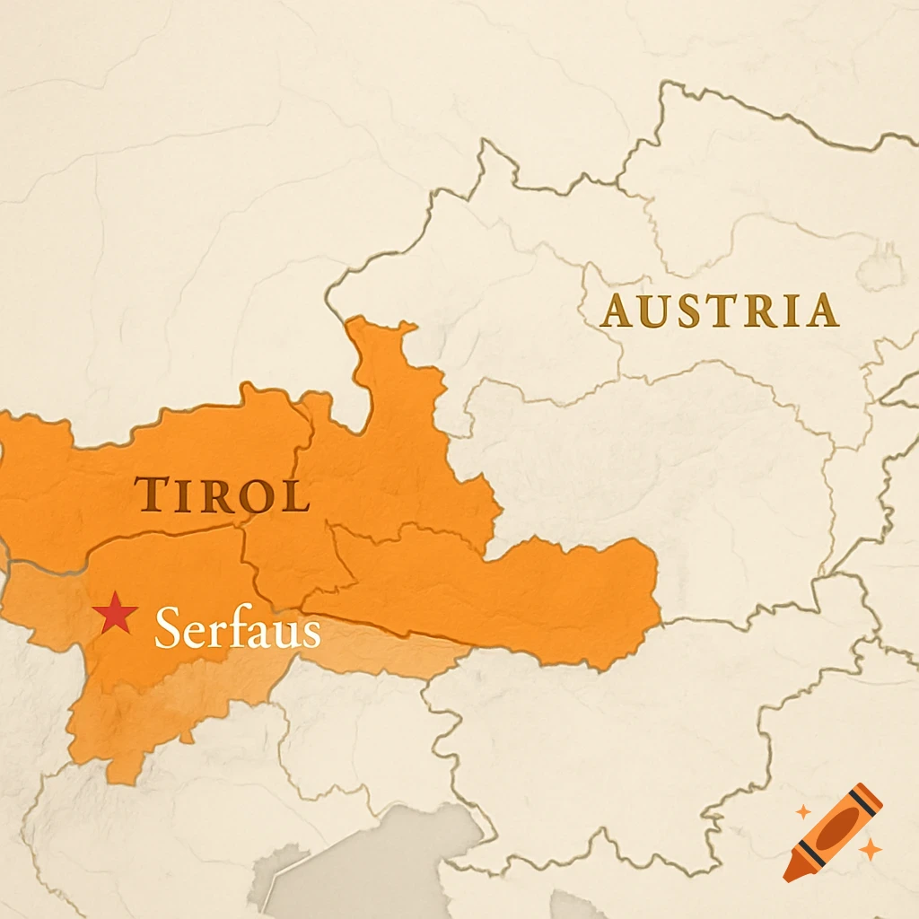 A map of Austria, highlighting the Tirol region in orange with the town Serfaus marked by a red star.