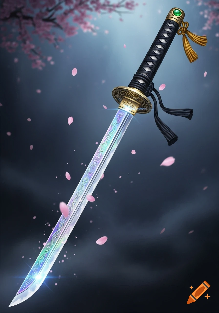 Stylized katana with an iridescent blade, black hilt, and gold fittings, surrounded by pink cherry blossoms and falling petals.