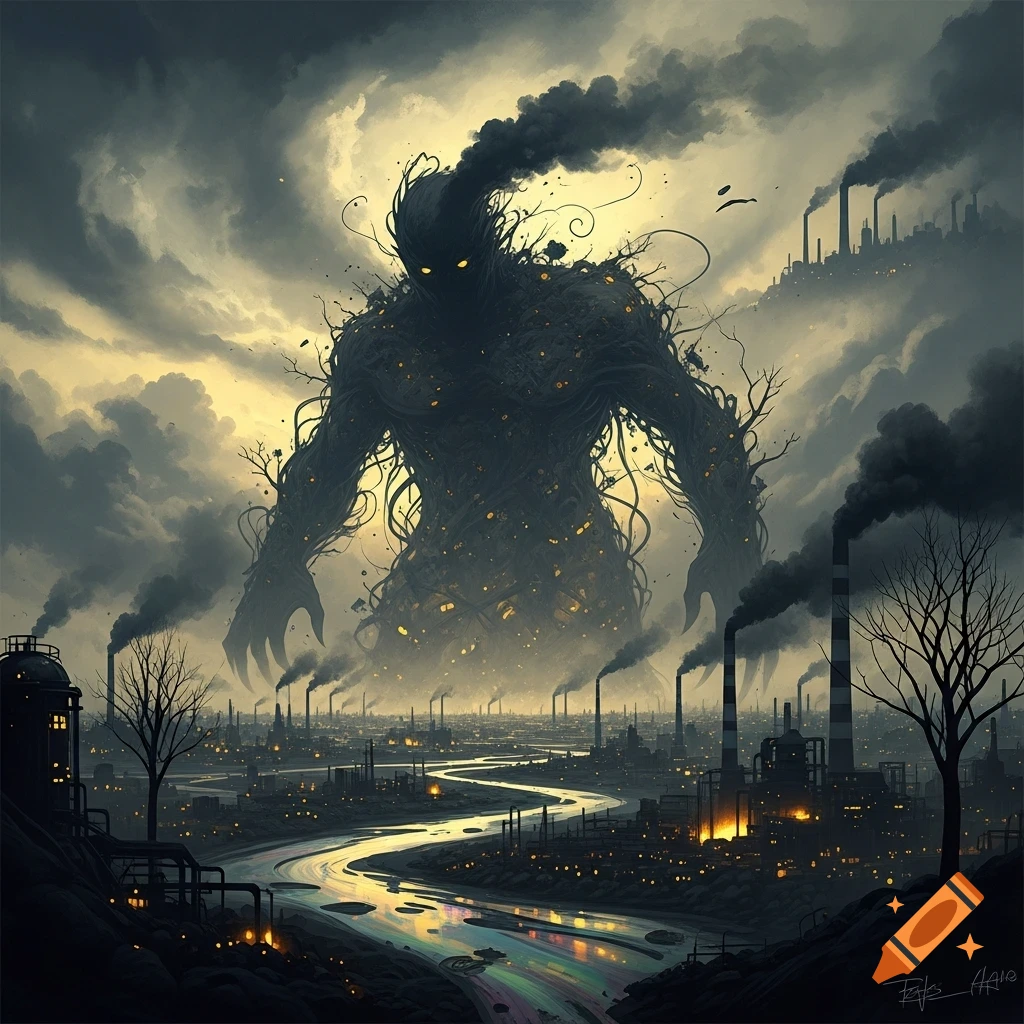 Giant shadowy monster with glowing eyes hovering over a dark, polluted industrial city with smoking factories and a chemical river.
