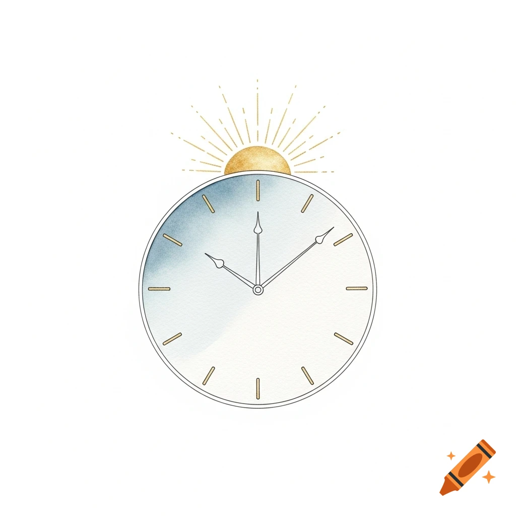 A minimalist watercolor clock with thin hands and line markers, with a golden sun rising above it.
