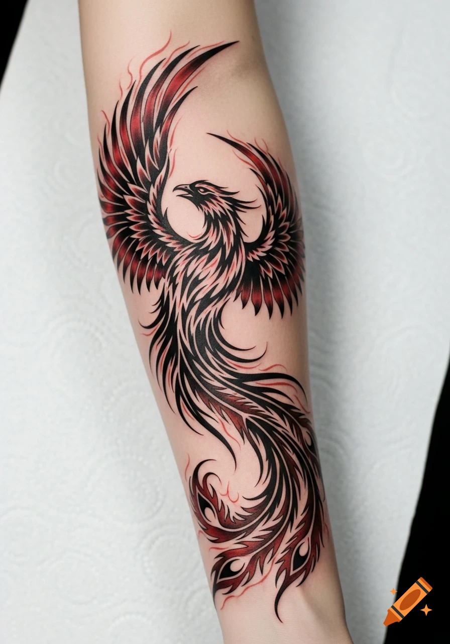 A vibrant tribal phoenix tattoo with black and red accents on a forearm.
