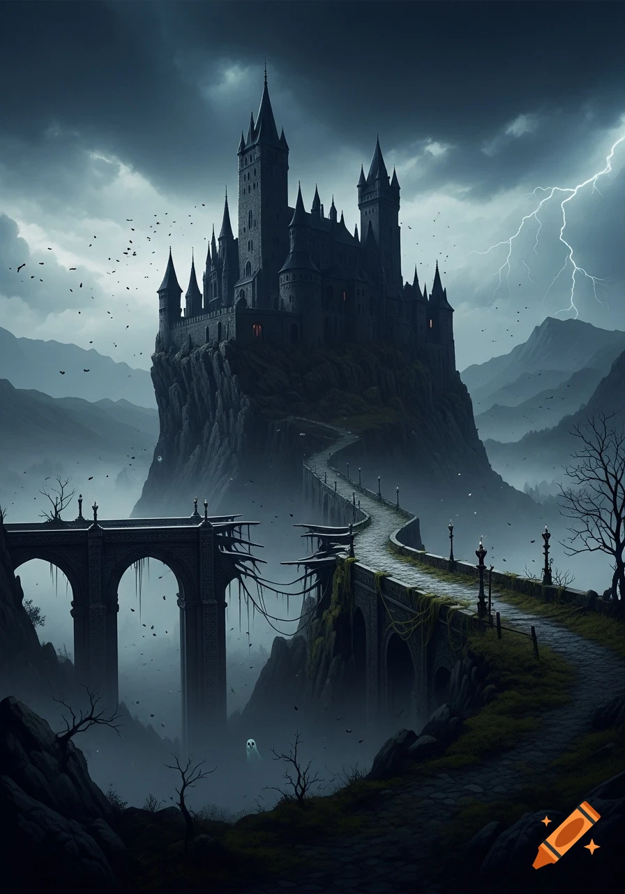A dark gothic castle stands atop a jagged cliff under a stormy, lightning-filled sky. A broken stone bridge leads to it through a misty, mountainous landscape.