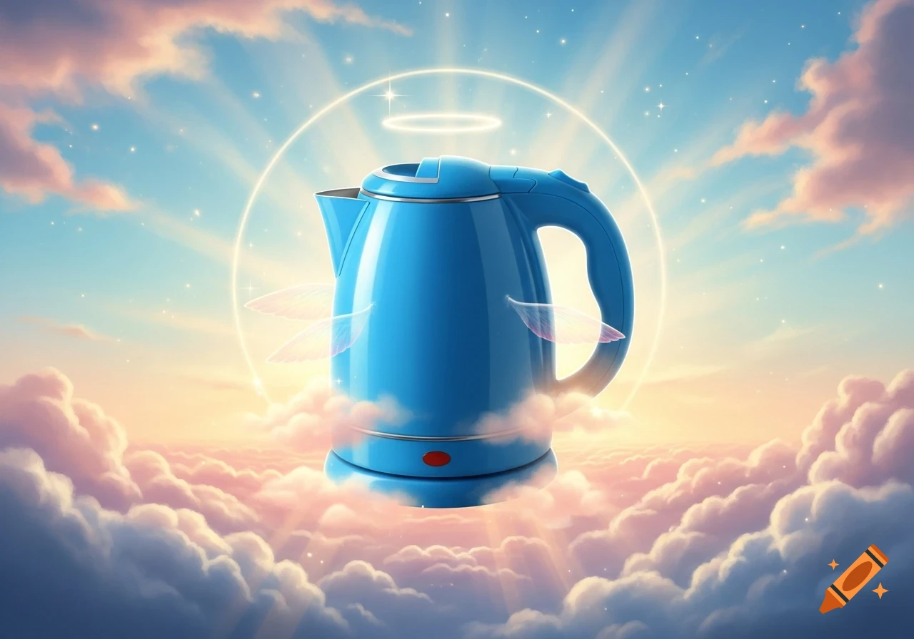 A glowing blue electric kettle with small wings and a halo floats on pastel clouds in a bright, ethereal sky with sun rays.