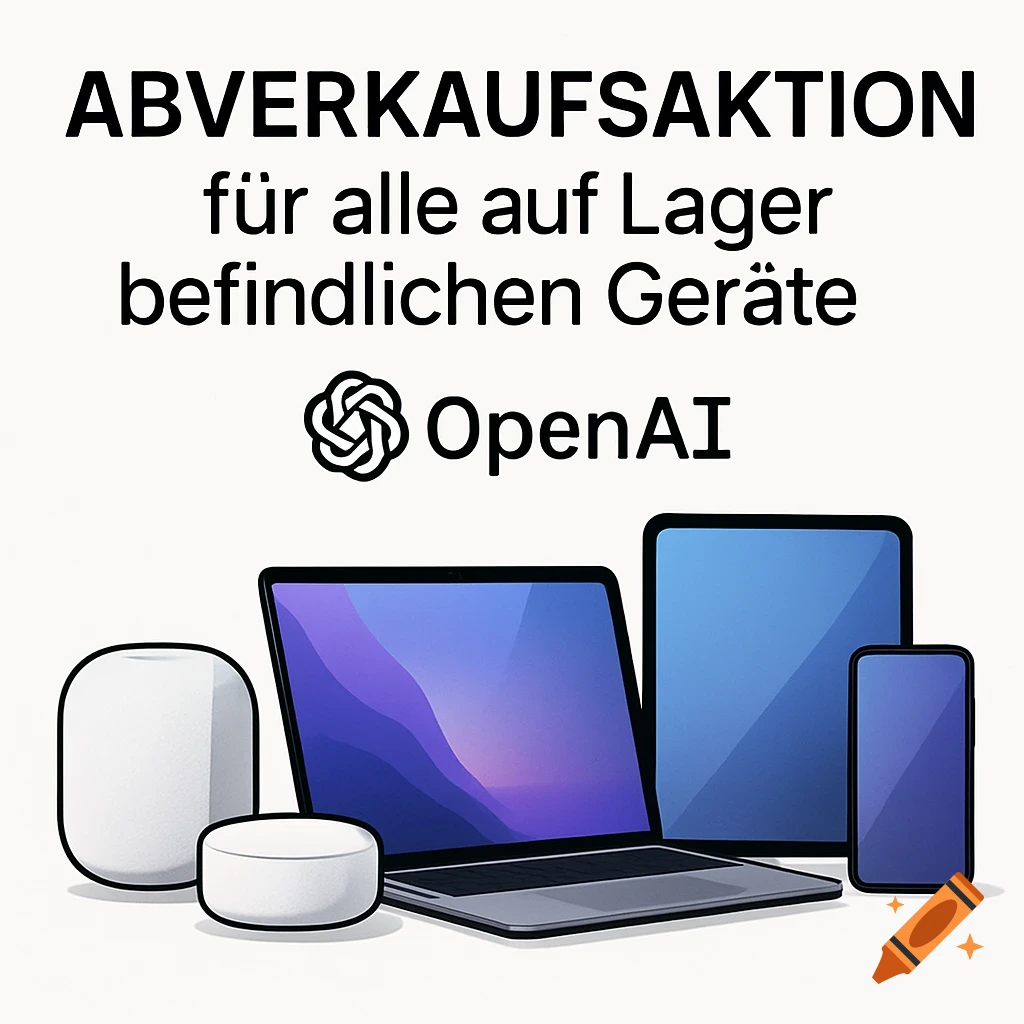 An illustration of various electronic devices like a laptop, tablet, phone, and smart home speakers, with the OpenAI logo and German text "ABVERKAUFSAKTION f r alle auf Lager befindlichen Ger te" (SALE ACTION for all devices in stock).