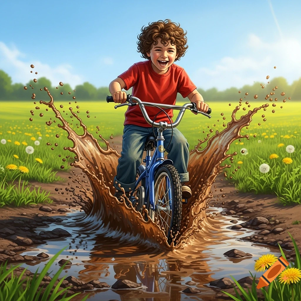 A happy boy rides a blue bicycle, splashing mud from a puddle in a vibrant green field under a blue sky, in an illustrated style.