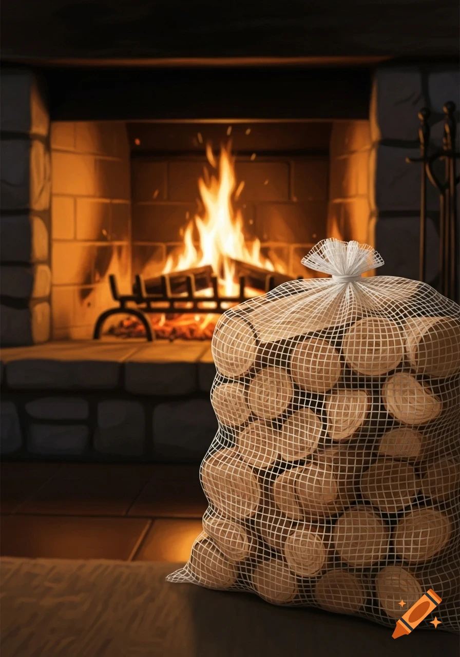 A bag of wood billets in front of a cozy burning fireplace, showing warm flames and brickwork.