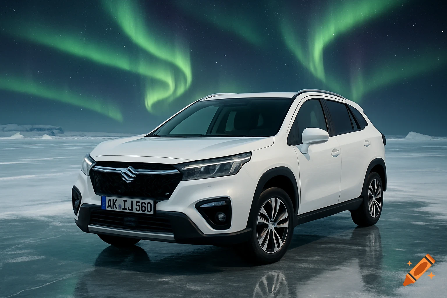 A white Suzuki S-Cross parked on a vast icy plain under a vibrant green aurora borealis sky at night.