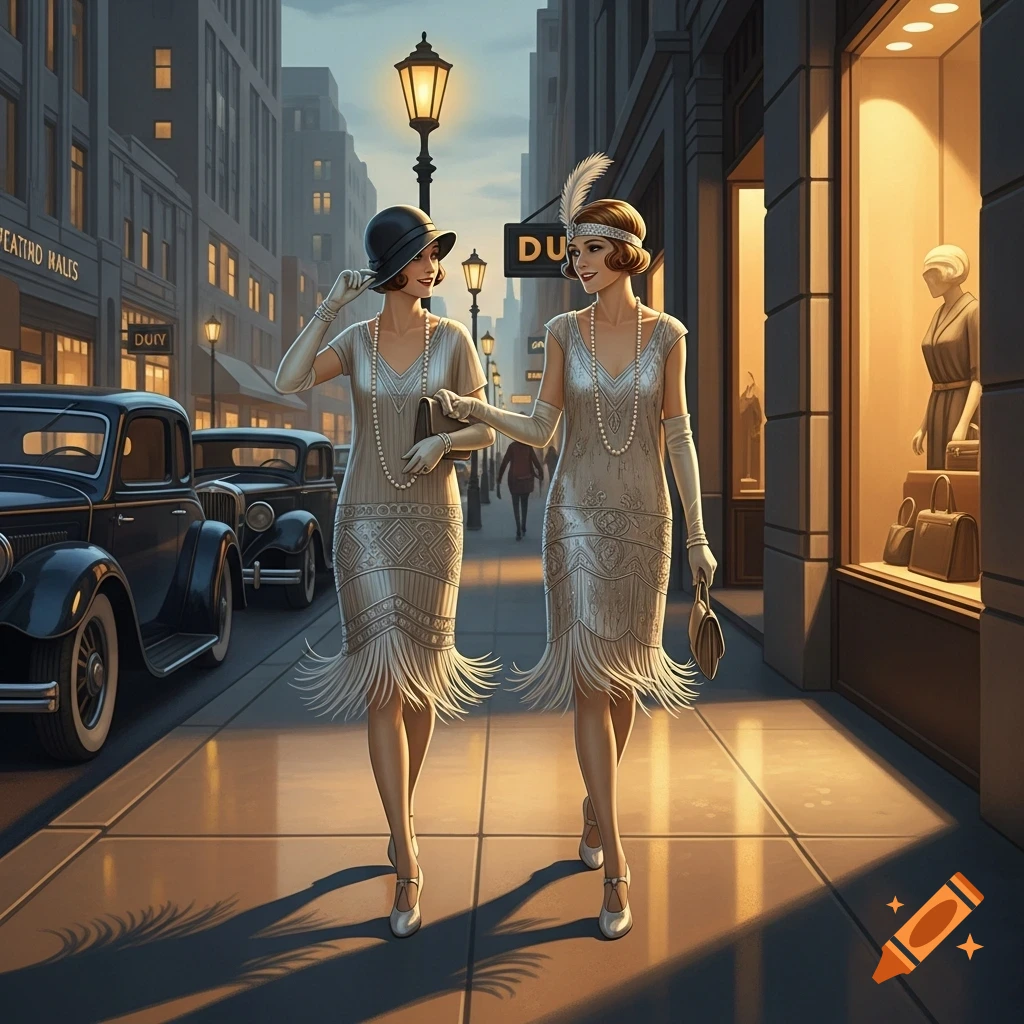 Two women in 1920s flapper dresses and hats walk on a city street past vintage cars and shops, in a stylish illustration.