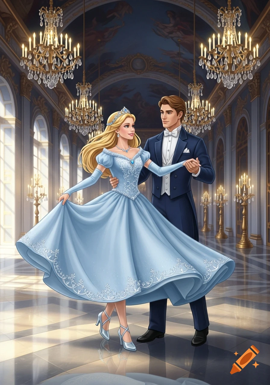 A blond princess in a pale blue gown dances with a prince in a formal suit in an ornate ballroom with chandeliers.