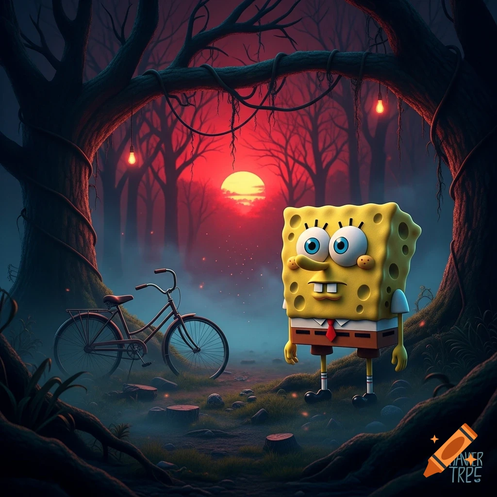 Spongebob Squarepants stands next to a bicycle in a dark, eerie forest with a red sunset, evoking a Stranger Things aesthetic.