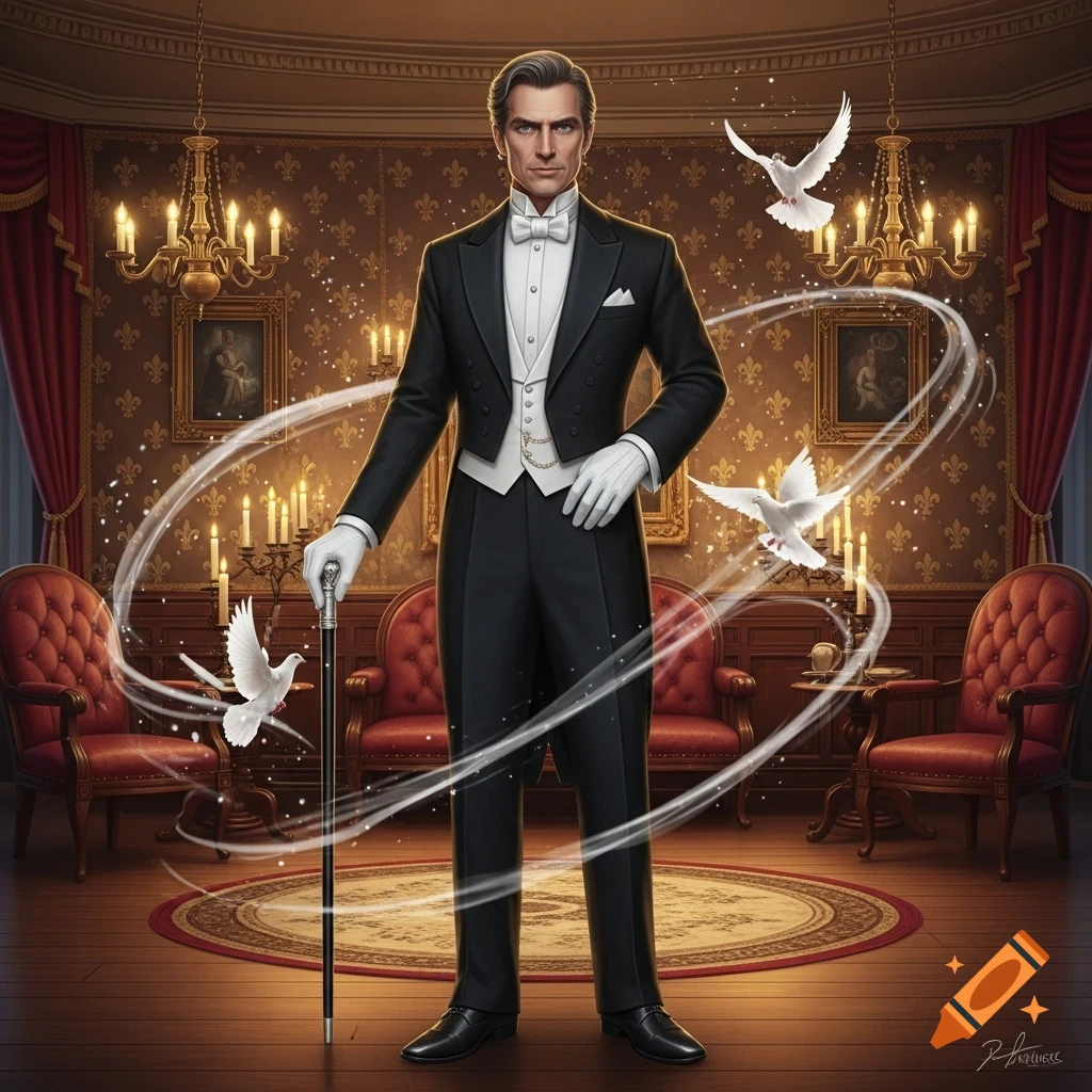 A polished Victorian illusionist in an elegant room, holding a cane with three white doves and magic swirls around him.