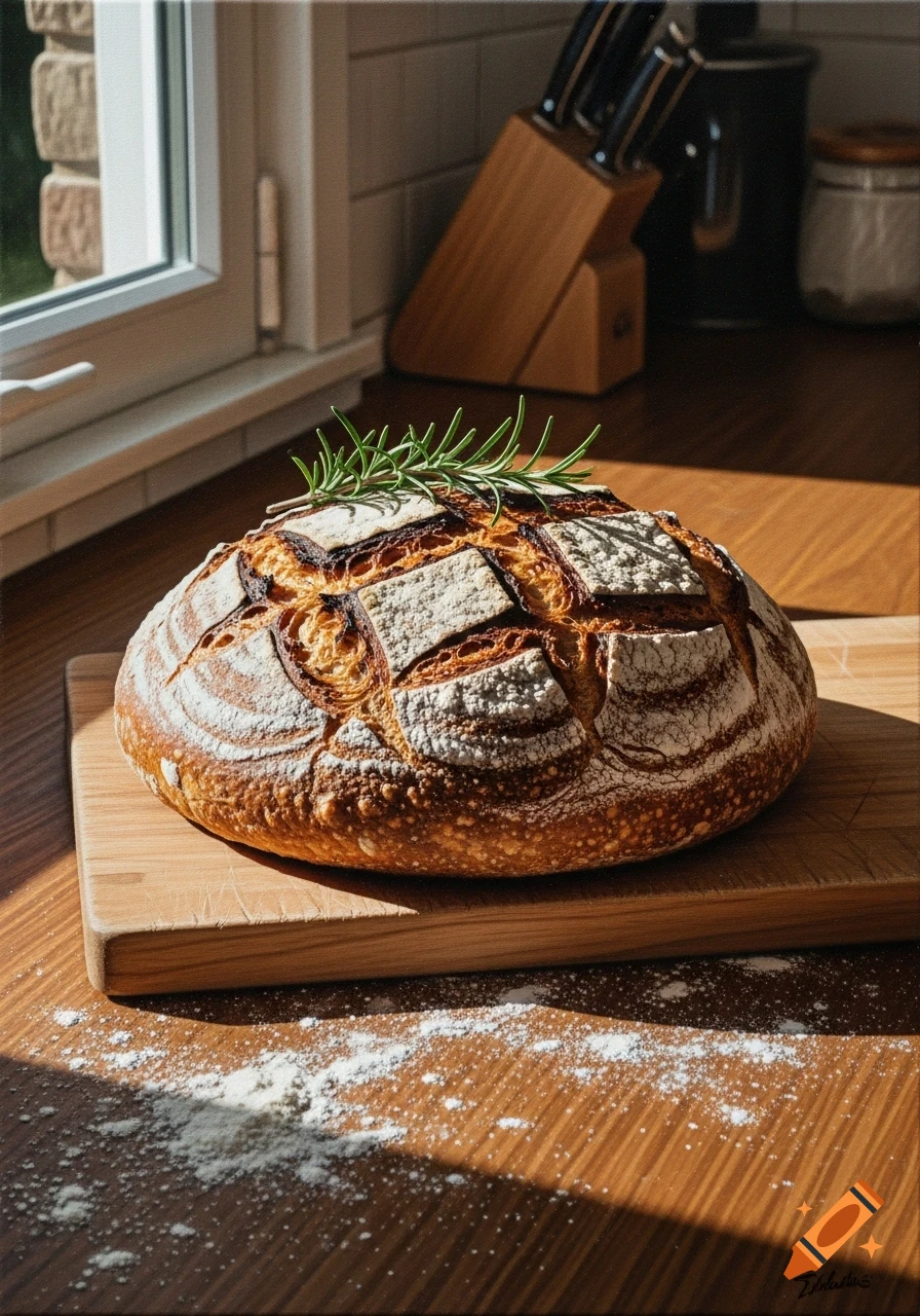 Photorealistic image of a rustic, crusty loaf of bread with rosemary on a wooden cutting board in a sunlit kitchen, flour scattered.