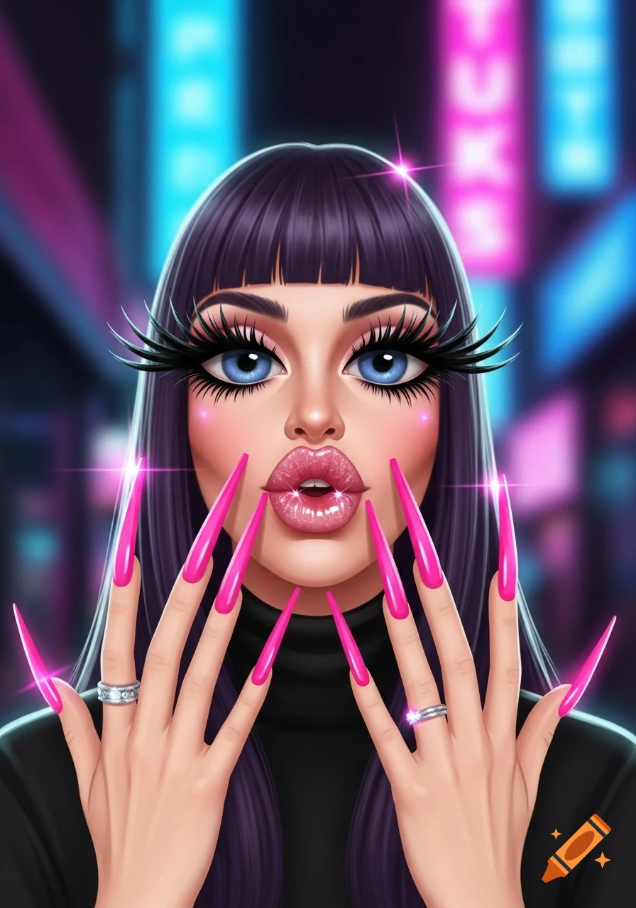 Stylized portrait of a woman with long dark hair, exaggerated eyelashes, glossy pink lips, and very long hot pink stiletto nails against a neon city background.
