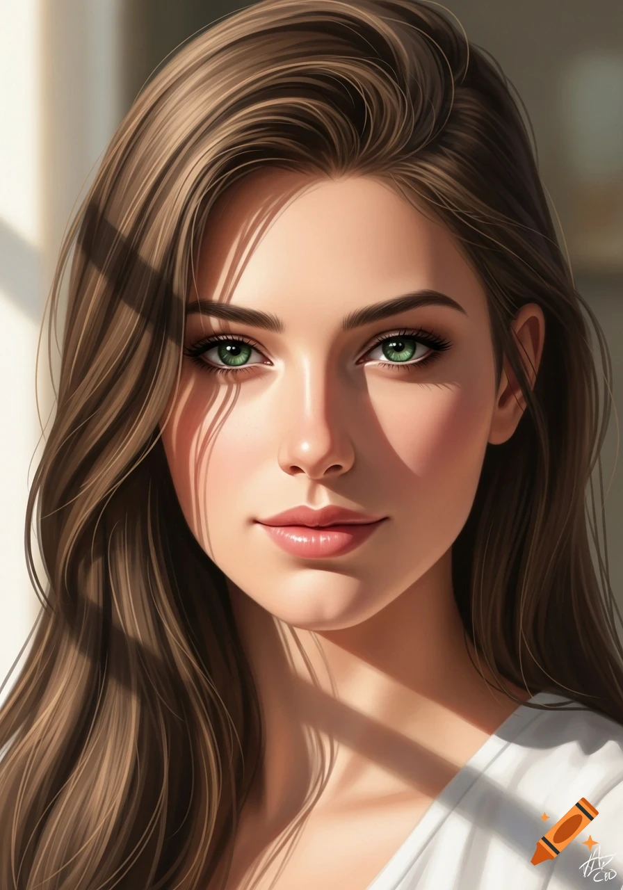 A hyper-realistic portrait of a young woman with long brown hair and bright green eyes, illuminated by warm window light.