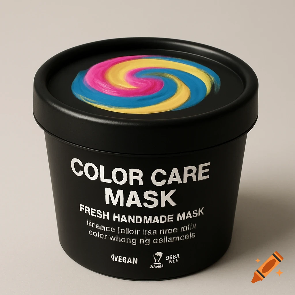 A matte black cosmetic pot with a pink, blue, and yellow swirl on the lid, labeled 'Color Care Mask'.