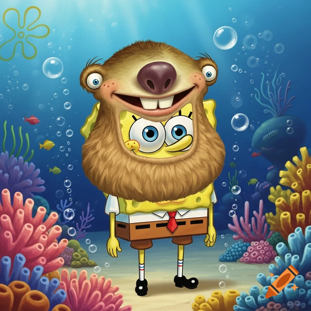 Cartoon SpongeBob SquarePants wearing a Sid the Sloth mask underwater with coral and bubbles.