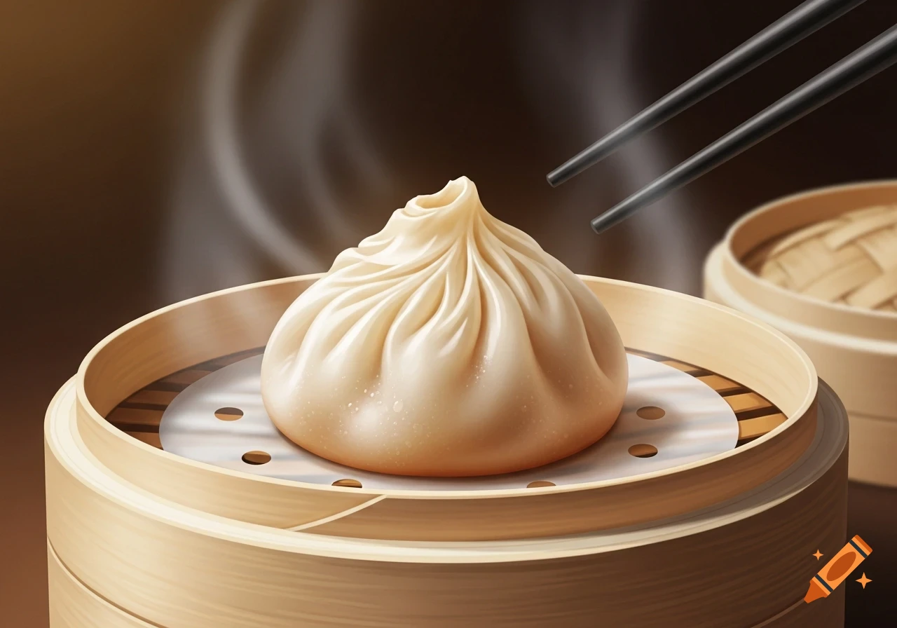 A steaming soup dumpling, or xiao long bao, in a bamboo steamer, with chopsticks hovering above in a photorealistic style.