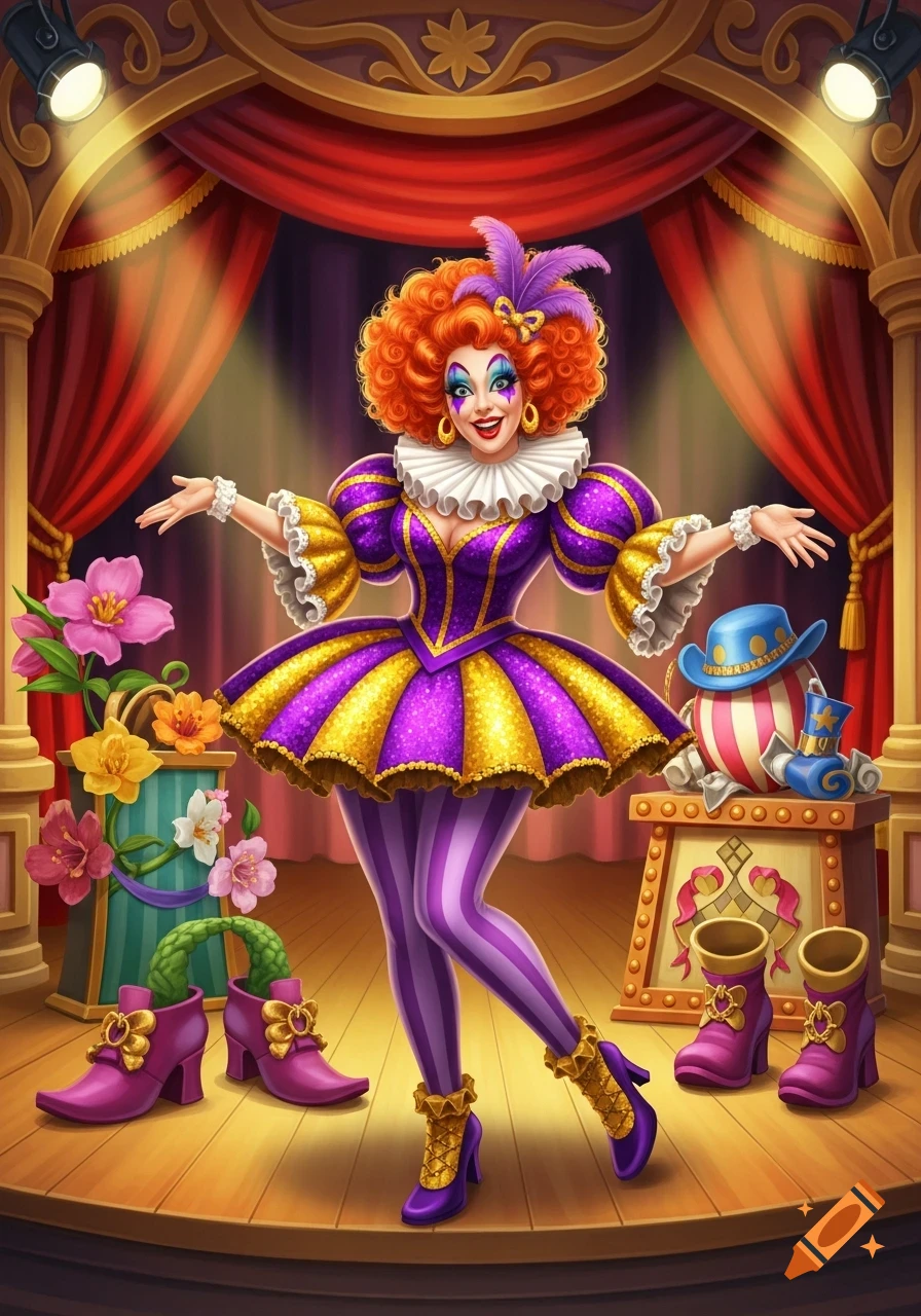 A cheerful pantomime dame with red curly hair in a vibrant purple and gold ruffled costume stands on a spotlighted stage.