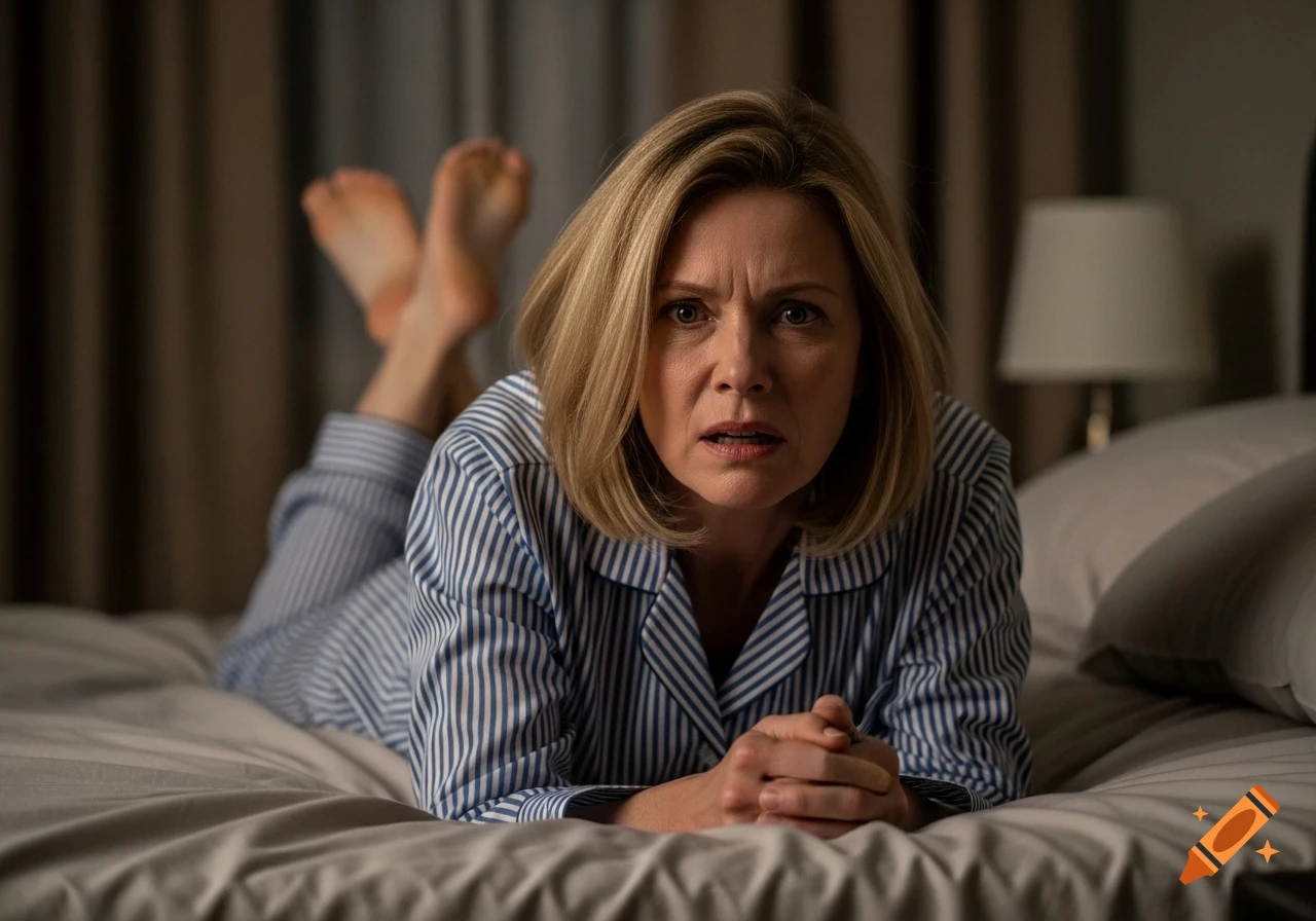 A middle-aged blonde woman lies in bed at night in blue and white pajamas, looking shocked, with her bare soles visible.