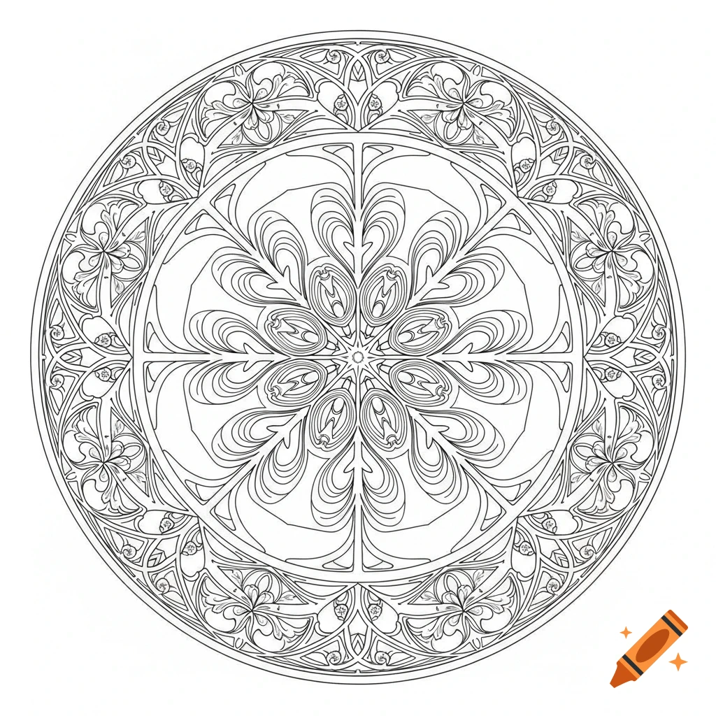 A black and white line art coloring page of an intricate circular Art Nouveau and Art Deco inspired mandala pattern.