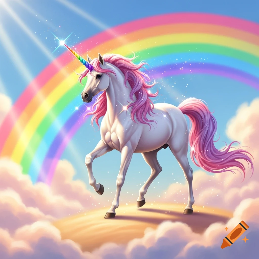 A majestic white unicorn with pink and purple mane and tail, and a rainbow horn, stands on clouds under a bright sky with a rainbow.