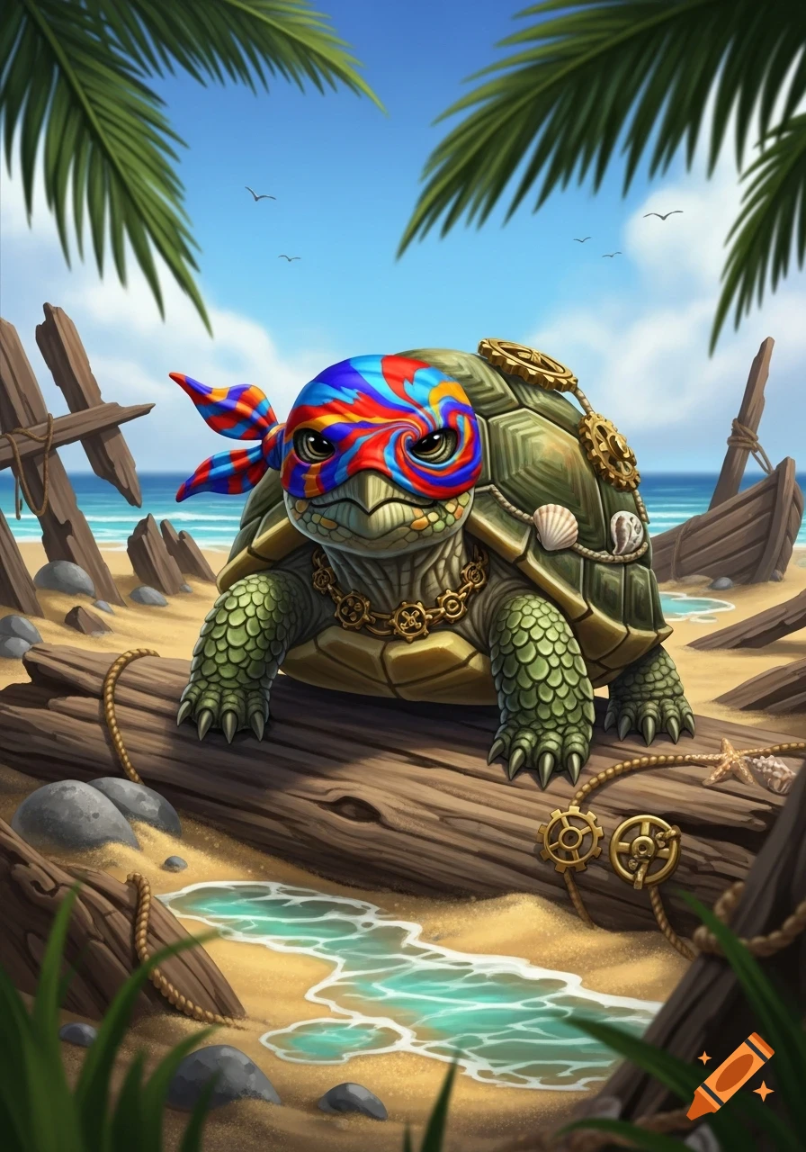 A detailed illustration of a fantasy tortle wearing a colorful swirl-patterned pirate mask and gold gears on a beach with shipwreck debris.