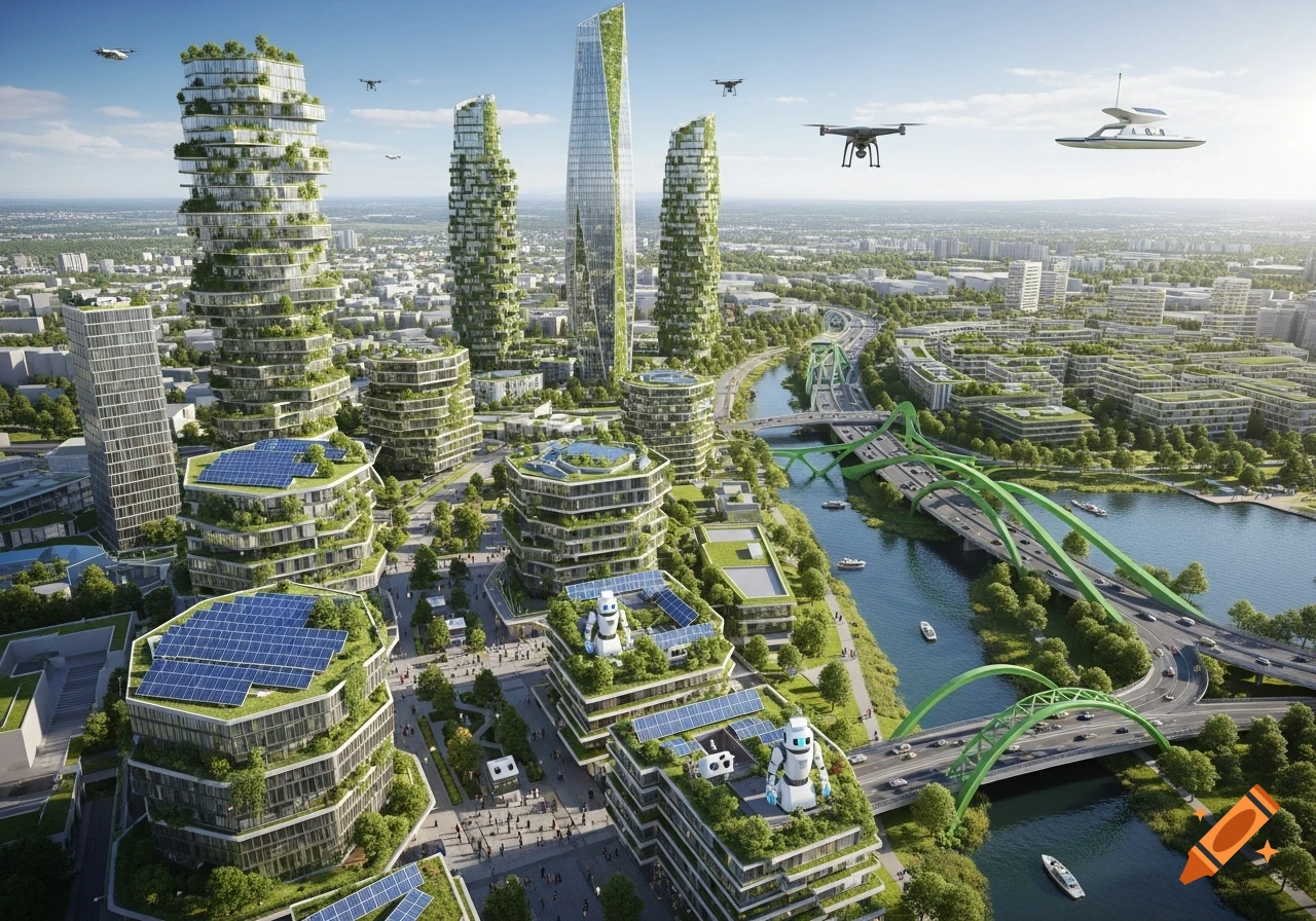 Aerial view of a vibrant futuristic eco-city with lush green skyscrapers, solar panels, a river, bridges, drones, and ground robots.