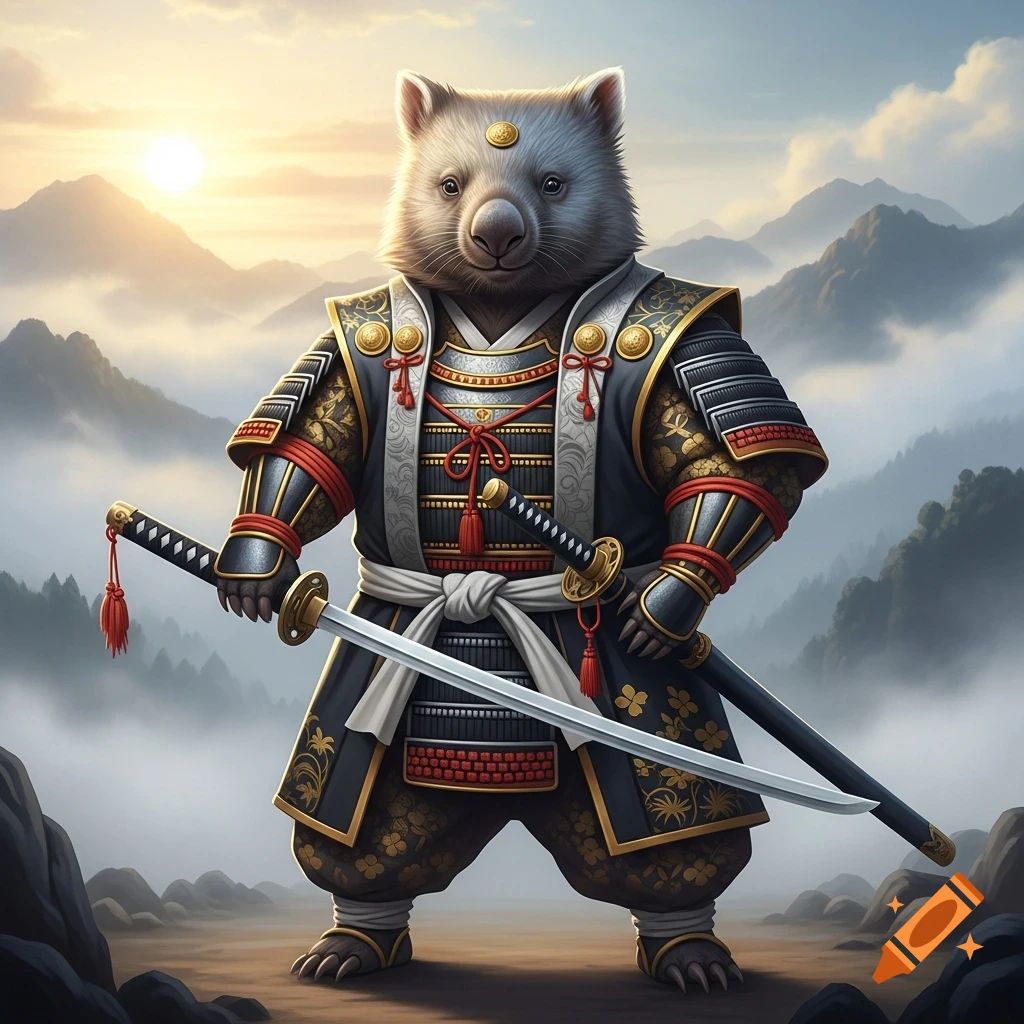 A majestic anthropomorphic wombat samurai in black and gold armor holds two katanas, standing in a misty mountain landscape at sunset.