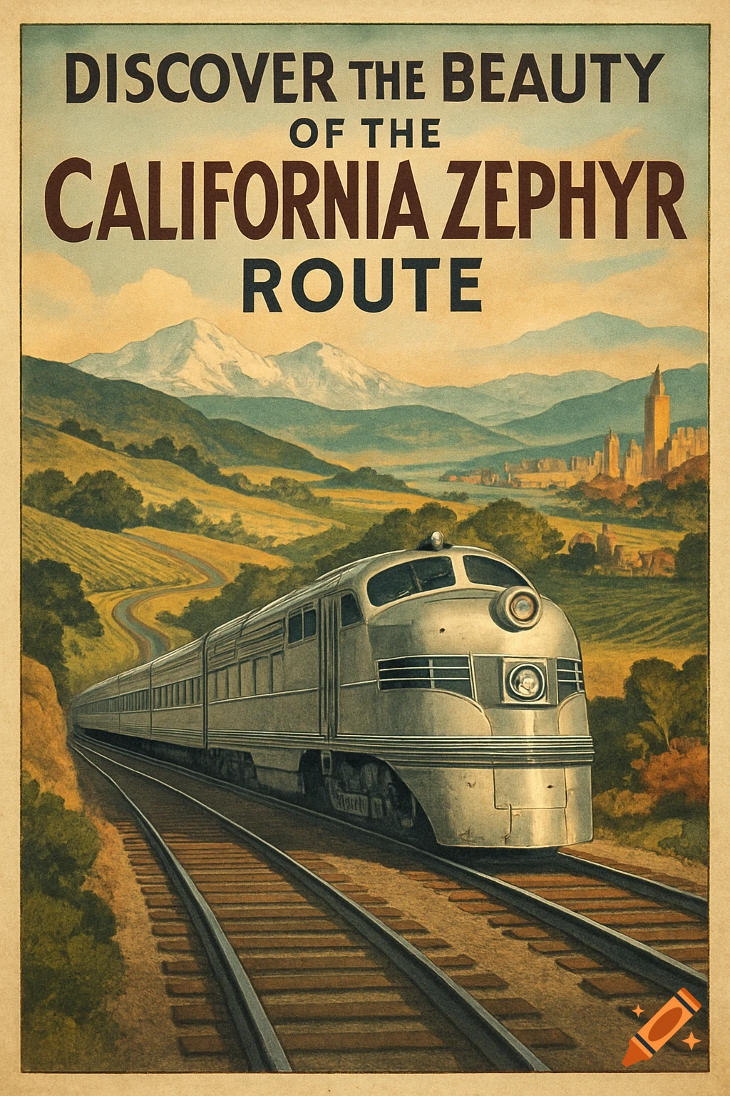 A vintage travel poster shows a silver train passing through mountains and fields towards a city under text "DISCOVER THE BEAUTY OF THE CALIFORNIA ZEPHYR ROUTE".