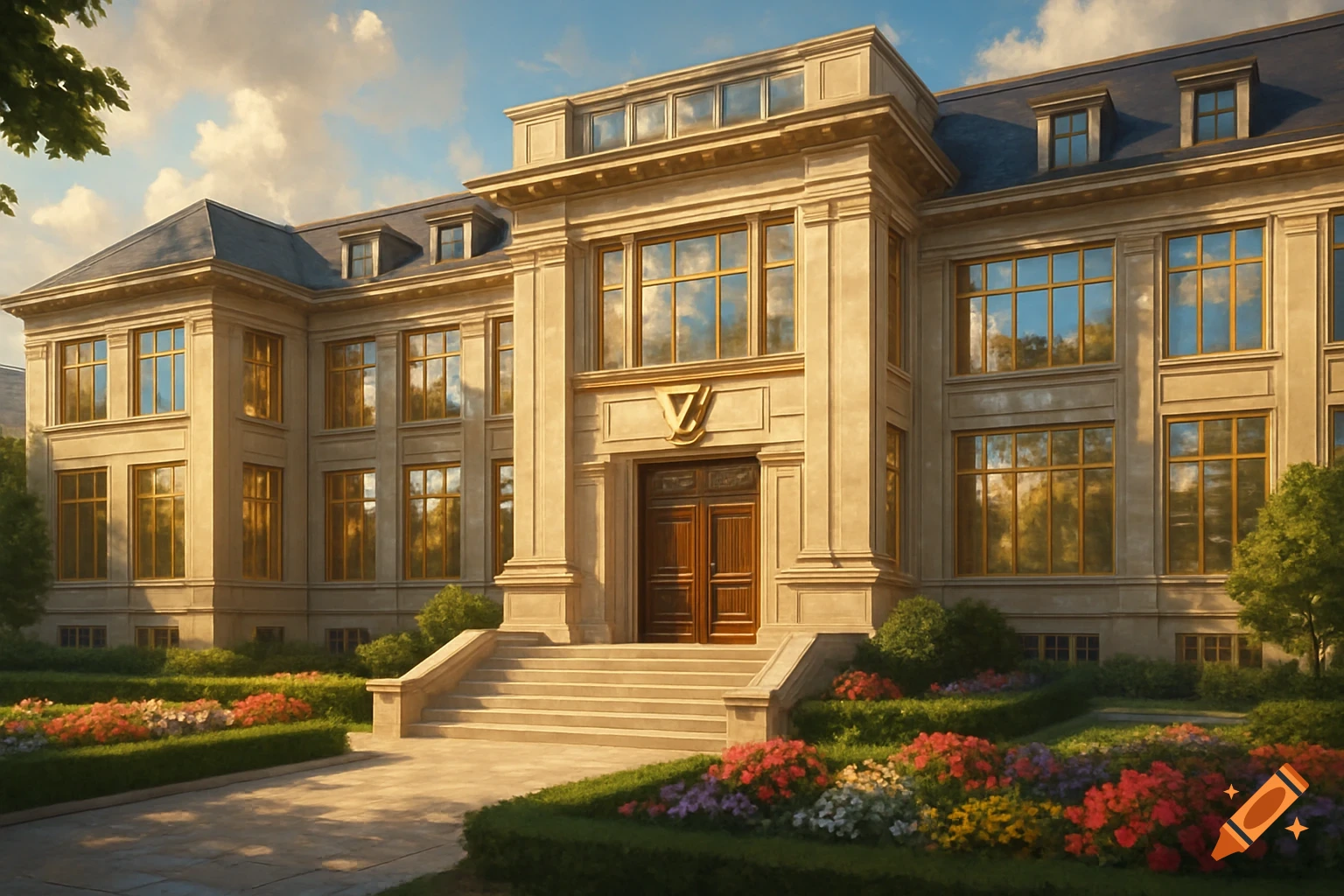 A luxurious private school building with elegant stone architecture, large windows, and a dark wooden double door entrance. Lush green gardens with colorful flowers line the steps under a partly cloudy sky.