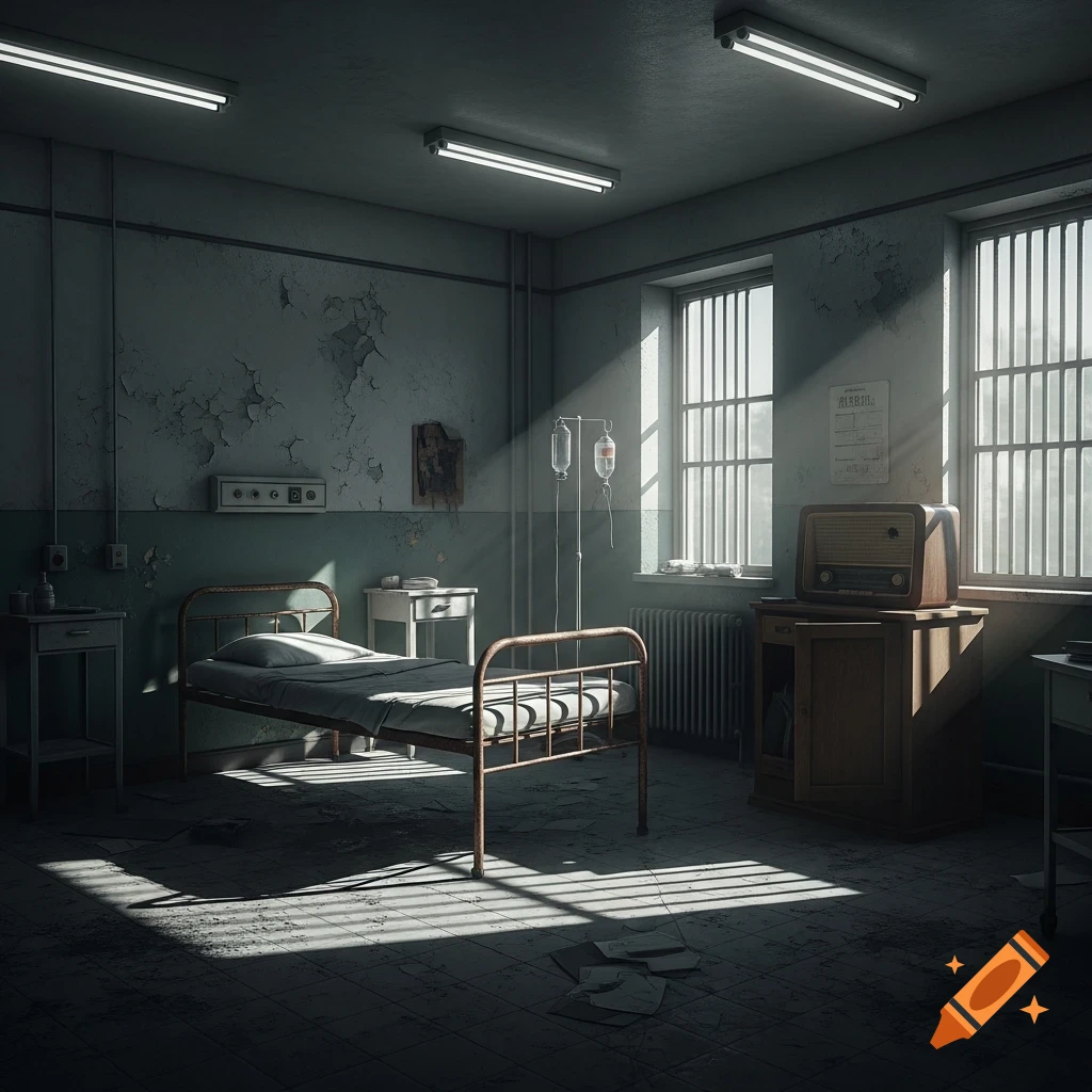 An old, dilapidated hospital room with a metal bed, IV pole, and vintage radio. Sunlight shines through barred windows.