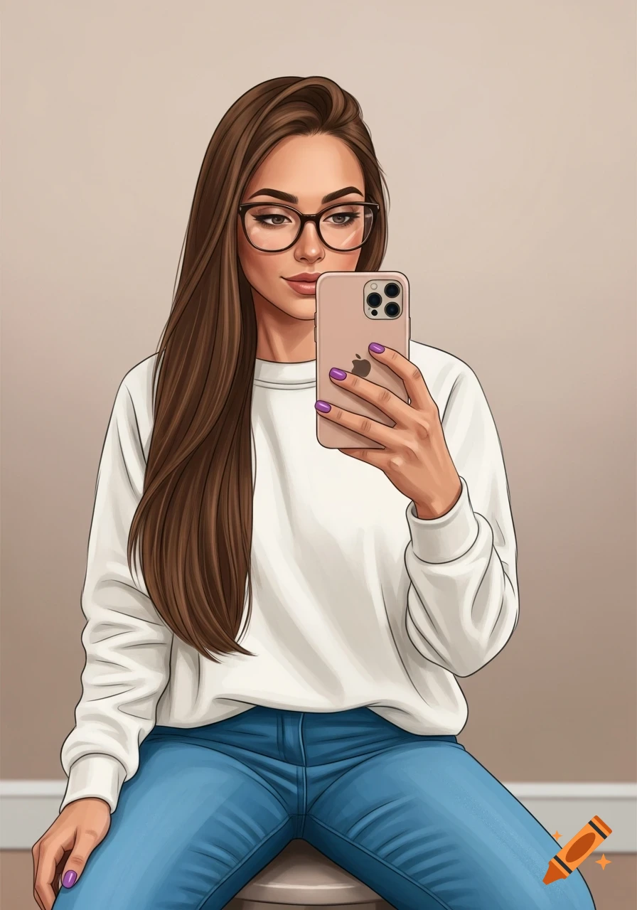 Digital illustration of a woman with long brown hair and glasses taking a selfie with a rose gold iPhone.