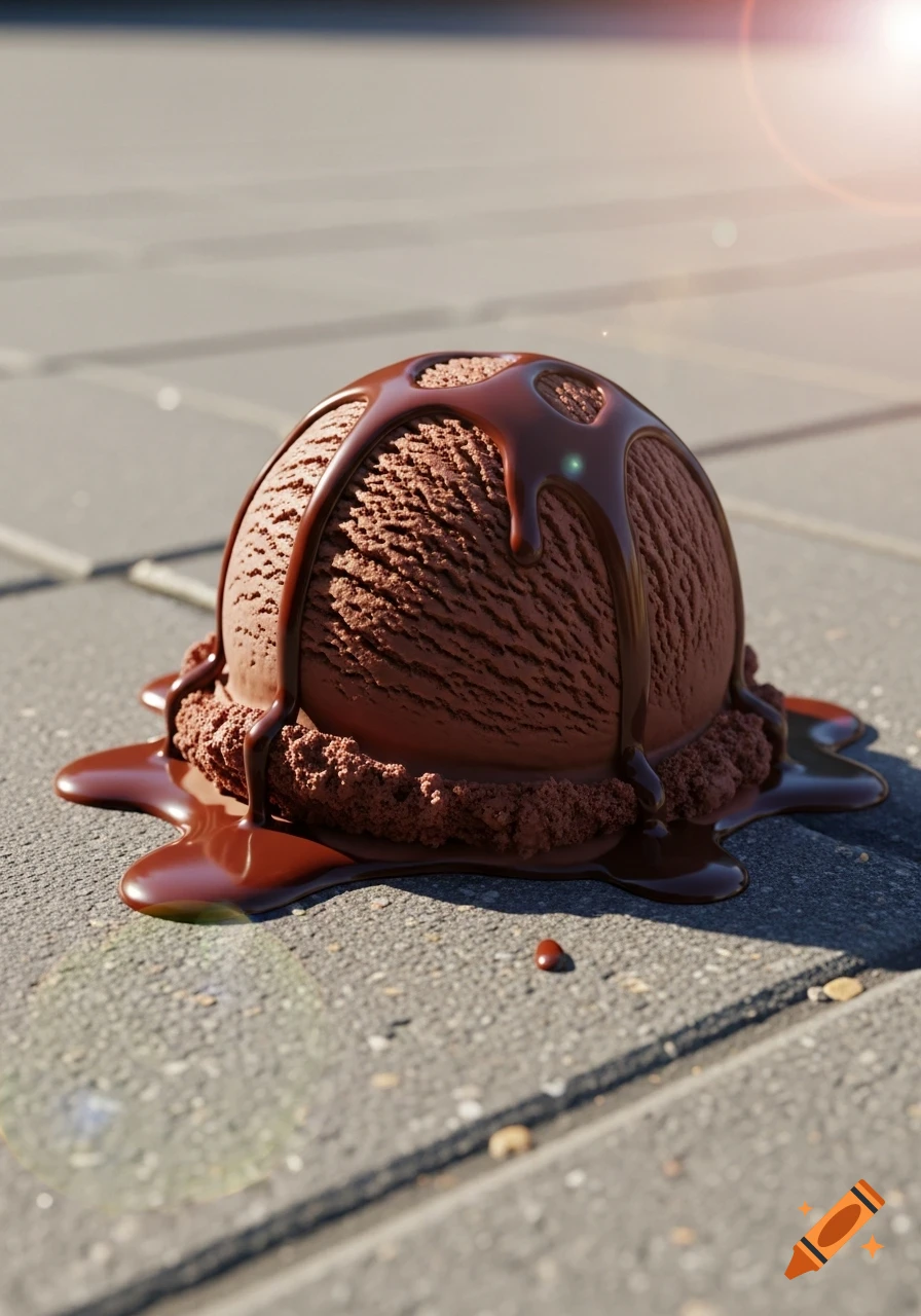 Photorealistic image of a melting chocolate ice cream scoop with sauce on a paved surface under sunlight.