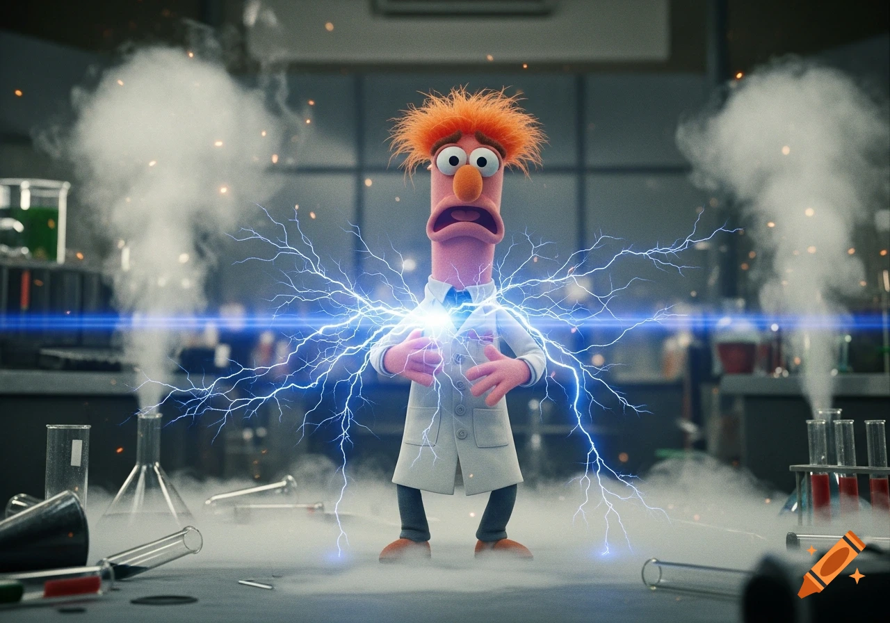 Beaker, a pink Muppet with orange hair and a lab coat, gets electrocuted by blue lightning in a smoky science lab.