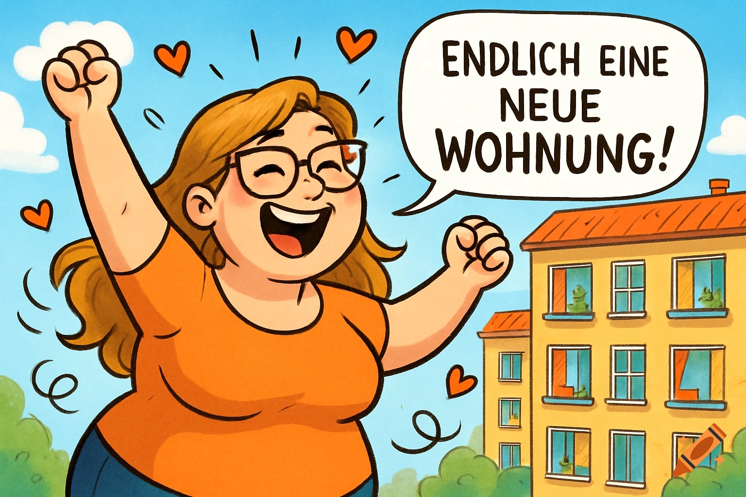 A joyful cartoon woman with glasses cheers next to an apartment building, exclaiming 'Finally a new apartment!' in a speech bubble.