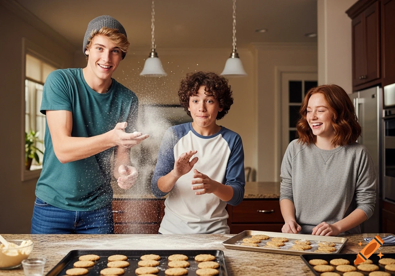 Three happy teenagers in a kitchen baking cookies, with one boy playfully throwing flour at another.