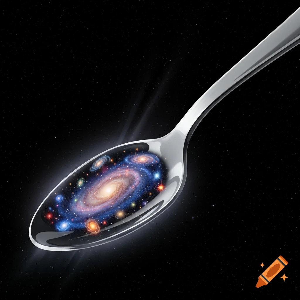 A shiny silver spoon reflects a vibrant swirling galaxy with many smaller galaxies and stars against a dark, starry cosmic background.