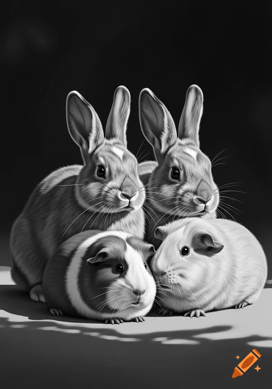 Black and white illustration of two rabbits and two guinea pigs grouped closely together.