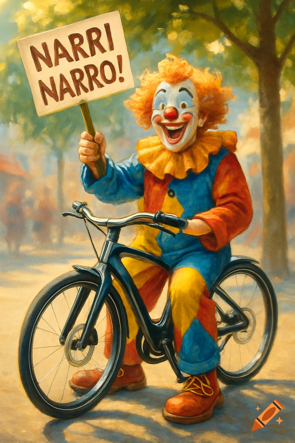 A smiling clown with red hair and a colorful costume rides a bicycle, holding a sign that says "NARRI NARRO!". Painterly style.