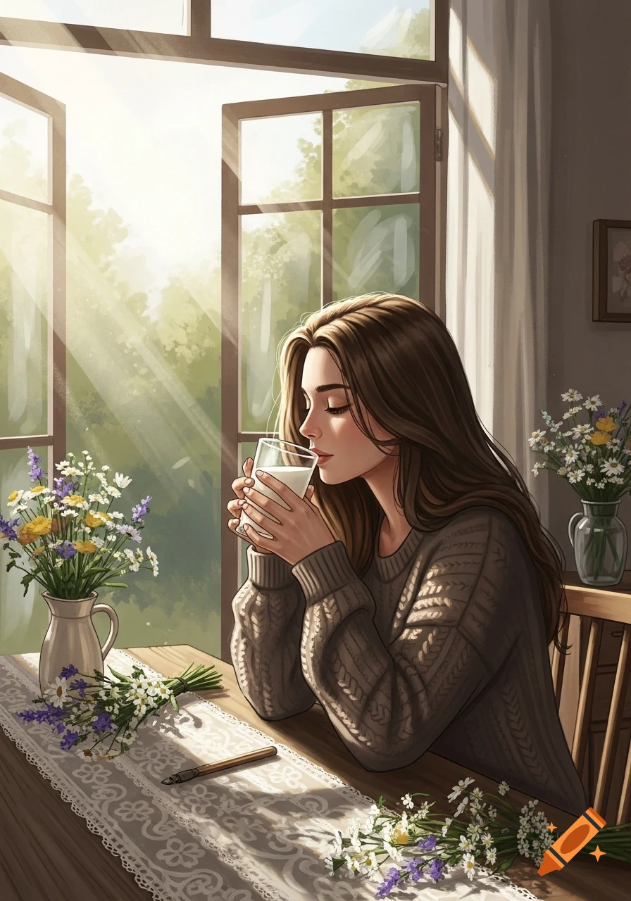 Illustration of a woman in a sweater drinking milk by a sunny window with wildflowers on a table.