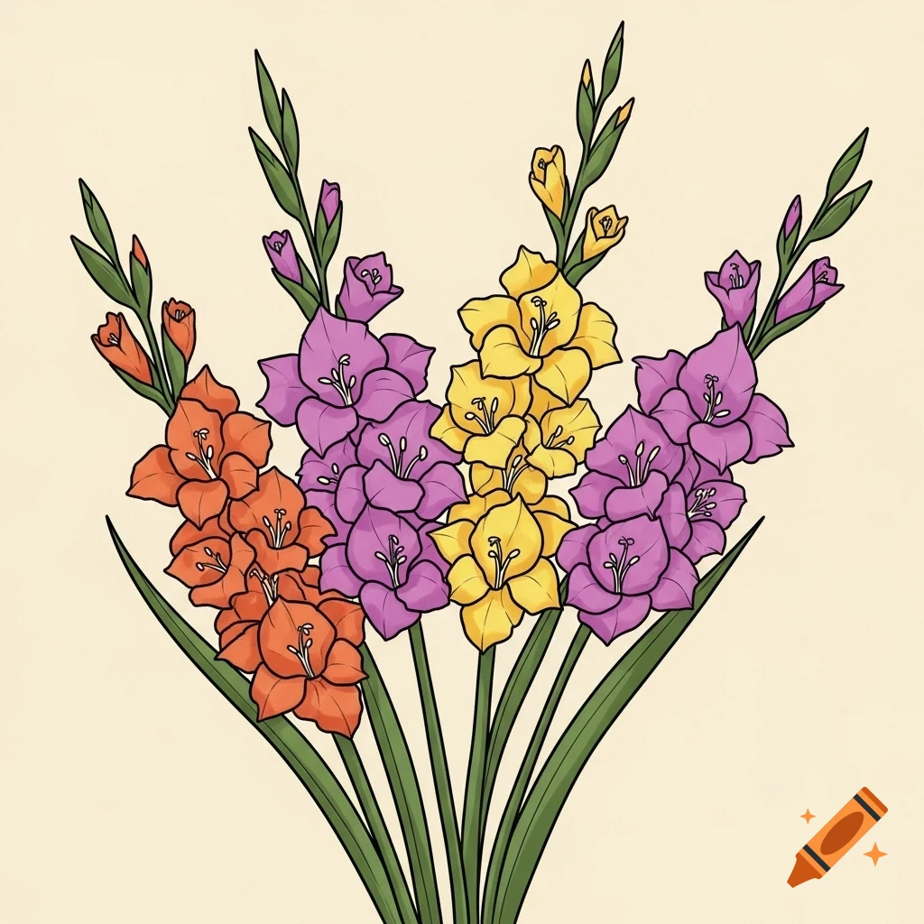 A cartoon-style bouquet of orange, purple, and yellow gladioli with green leaves against a light background.