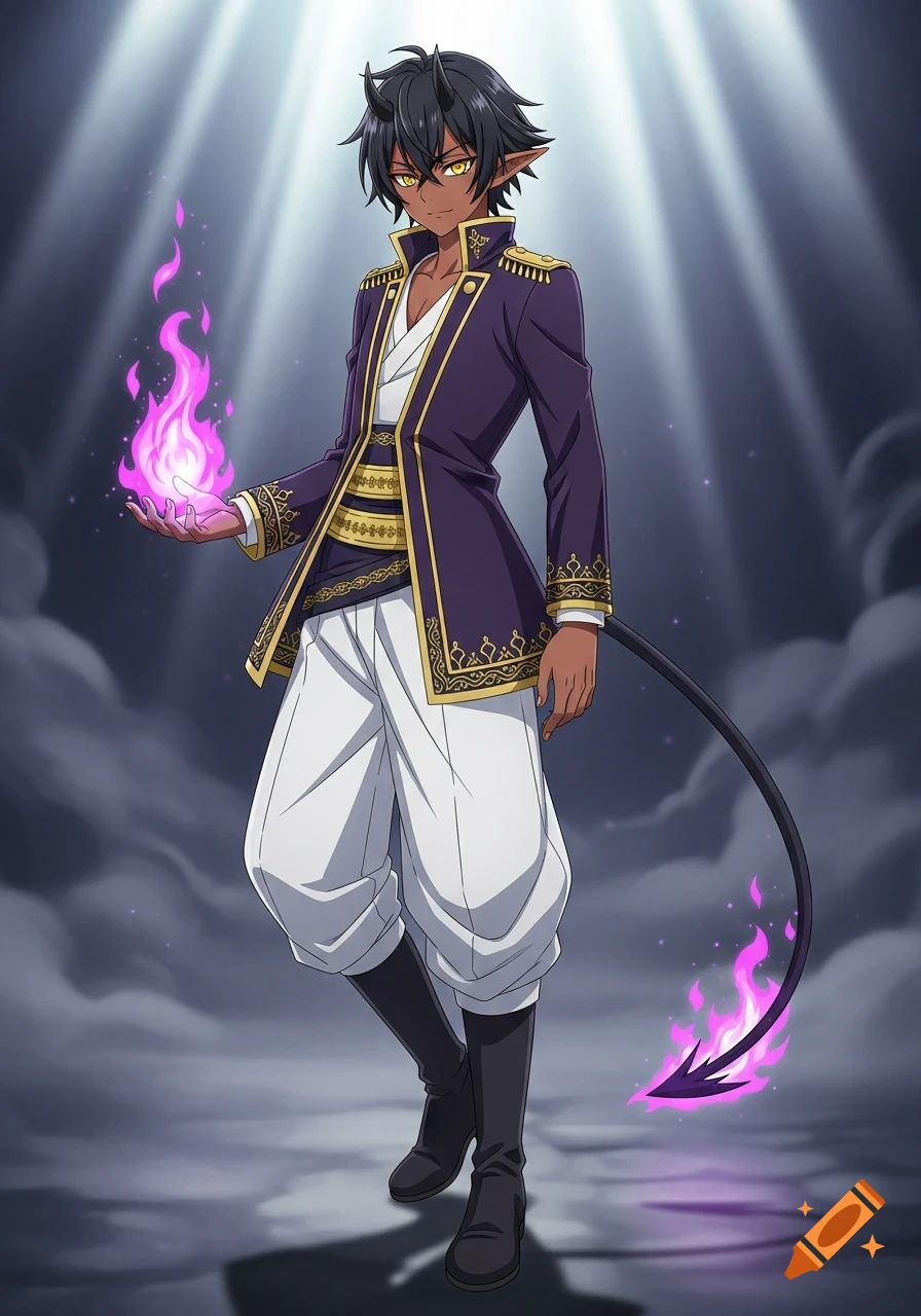 Anime drawing of a dark-skinned demon boy with horns, yellow eyes, a purple jacket, and white pants, holding a purple flame and having a tail with a purple flame tip.